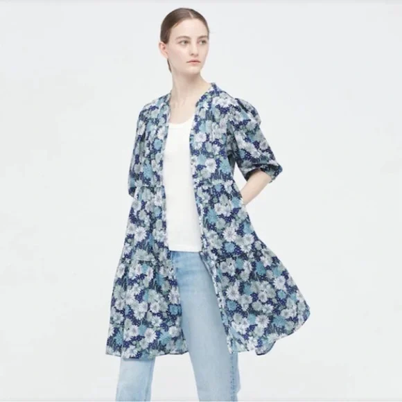 Uniqlo x Paul & Joe Navy Blue Floral Button Down Puff Sleeve Tiered Dress Size M - Picture 2 of 16